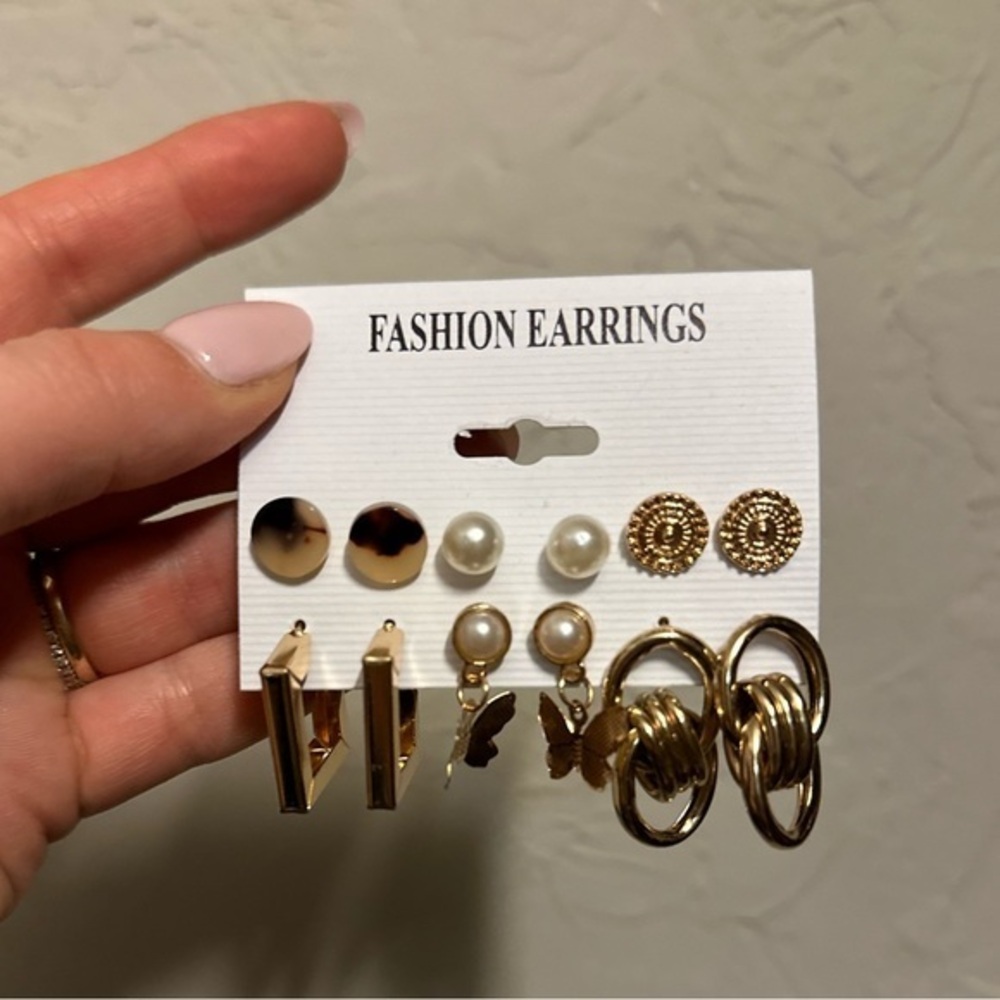 NEW Gold Color Set of 6 Earrings: Studs, Hoop, Dangle
